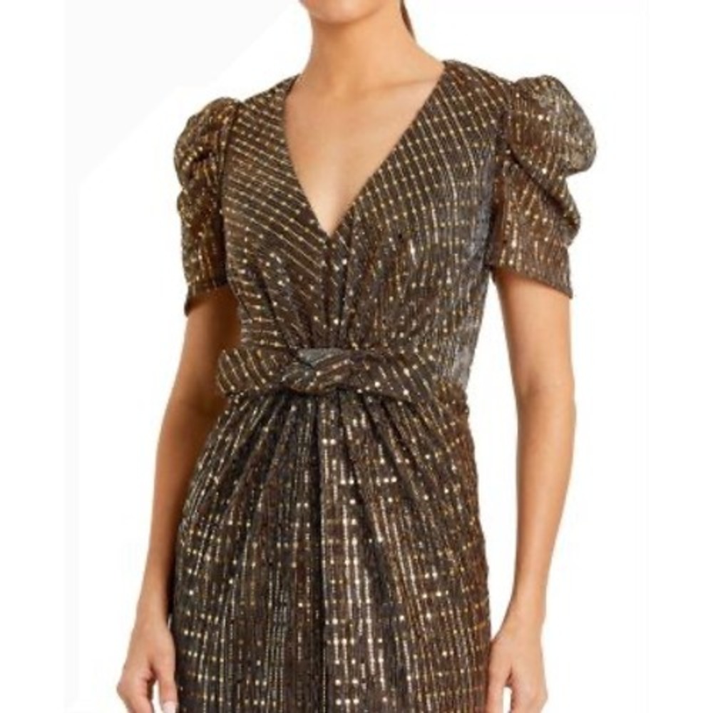 Mac Duggal Bronze Metallic Sequin V-Neck Puff Sleeve Gown 26410 Size 2 - Picture 4 of 8